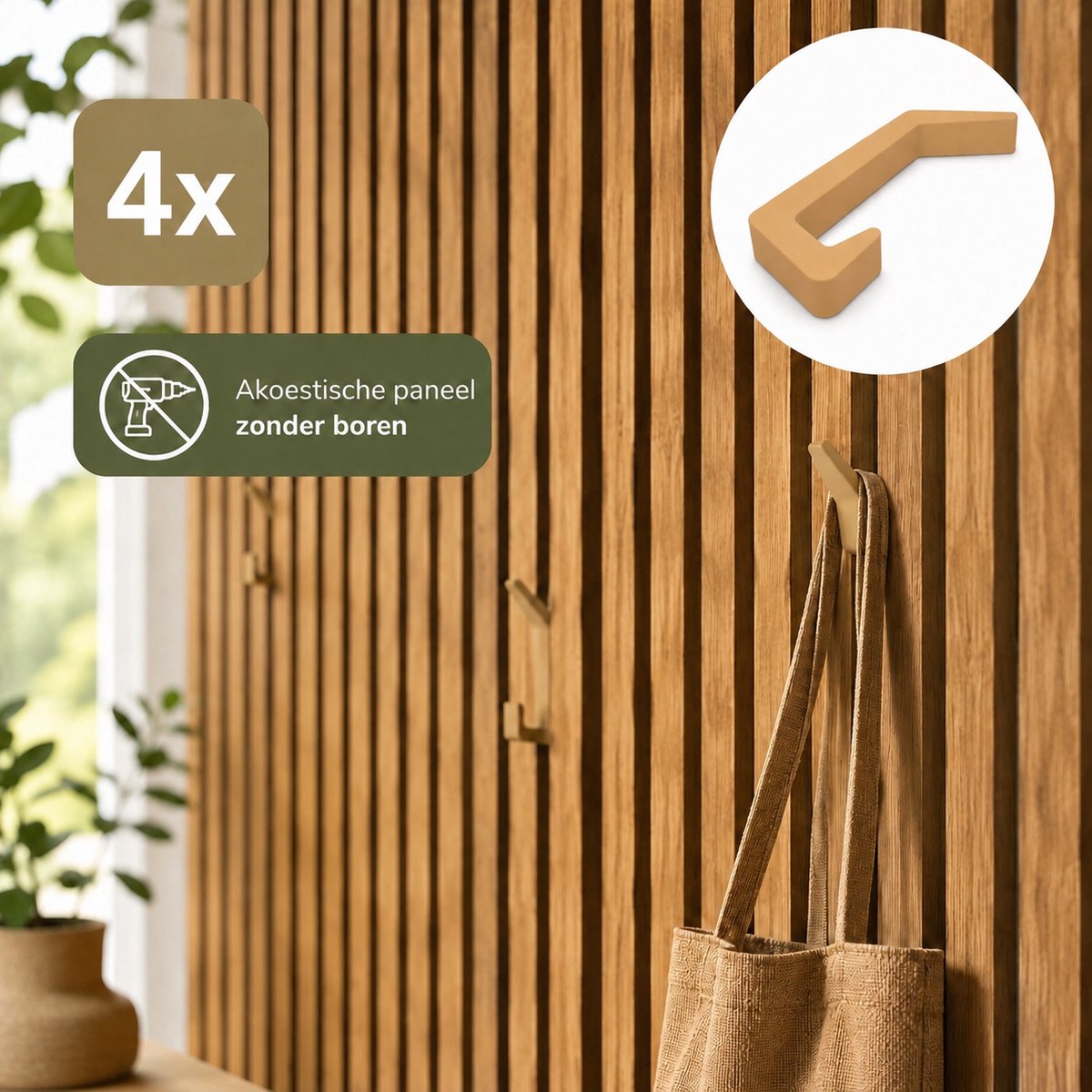 Premium Wandhaak Voor Akoestische Wandpanelen - Set 4 Stuks - Geschikt Voor Tussenruimte 13-15 Mm - Lattenwand Haak - Design Kapstokhaak Voor Jassen Tassen Handdoeken En Accessoires - Oak