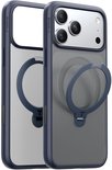 Blauw telefoonhoesje met doorschijnende achterkant en een donkerblauwe ringstandaard.