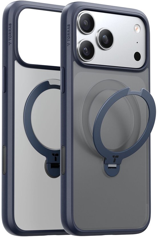 Blauw telefoonhoesje met doorschijnende achterkant en een donkerblauwe ringstandaard.