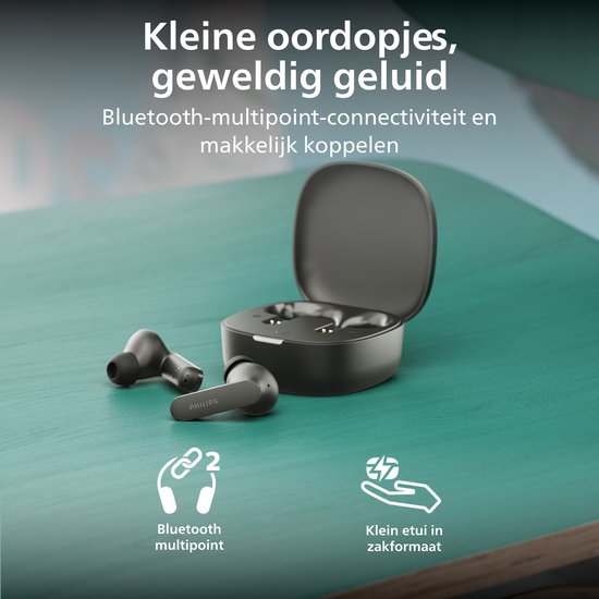 Kleine zwarte oordopjes met open oplaadcase op een groene tafel. "Kleine oordopjes, geweldig geluid."