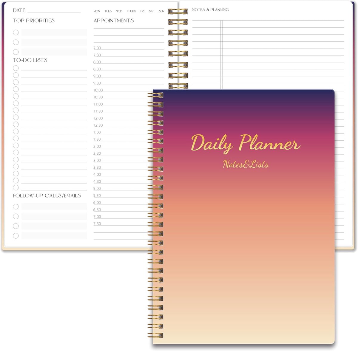 Dagelijkse Planner - Agenda Notitieboek - Productiviteit Verhogend - Ongedateerd Uurschema - 9.3x6.3 Inch - Gradiënt Paars Oranje