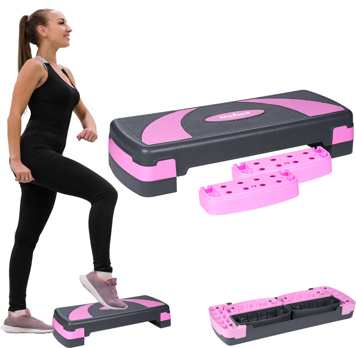 Rebel Active Fitness Stepper - Aerobics Step In Hoogte Verstelbaar Tot 20 Cm - Stepper Stepbank Fitnessstep - Grijs Paars