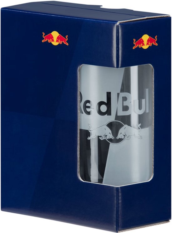 Blauwe Red Bull verpakking met een venster waar een glas met Red Bull logo in te zien is.
