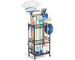 Tuingereedschap rek – Gereedschapsrek / Garden Tool Organizer voor Tuinhuis, Garage & Tuinieren – Tuingereedschap opbergsystemen – Met 4 Zwenkwielen & 3 Opberghaken – Verrijdbaar, Ruimtebesparend & Roestvrij - Zwaar Staal - Zwart - 79.4x43x30 cm