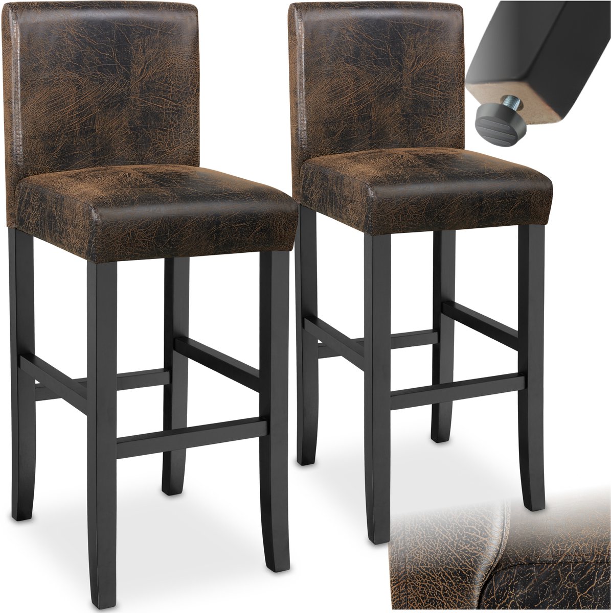 tectake® Set van 2 Barkrukken met Rugleuning - Gestoffeerde Barkruk - Zithoogte 76 cm - Barstoel met Voetsteun - Kruk met Kunstleren Bekleding - Ergonomische Vorm - Barstoelen voor Keuken & Bar - Eetkamerstoelen - Antiek Bruin