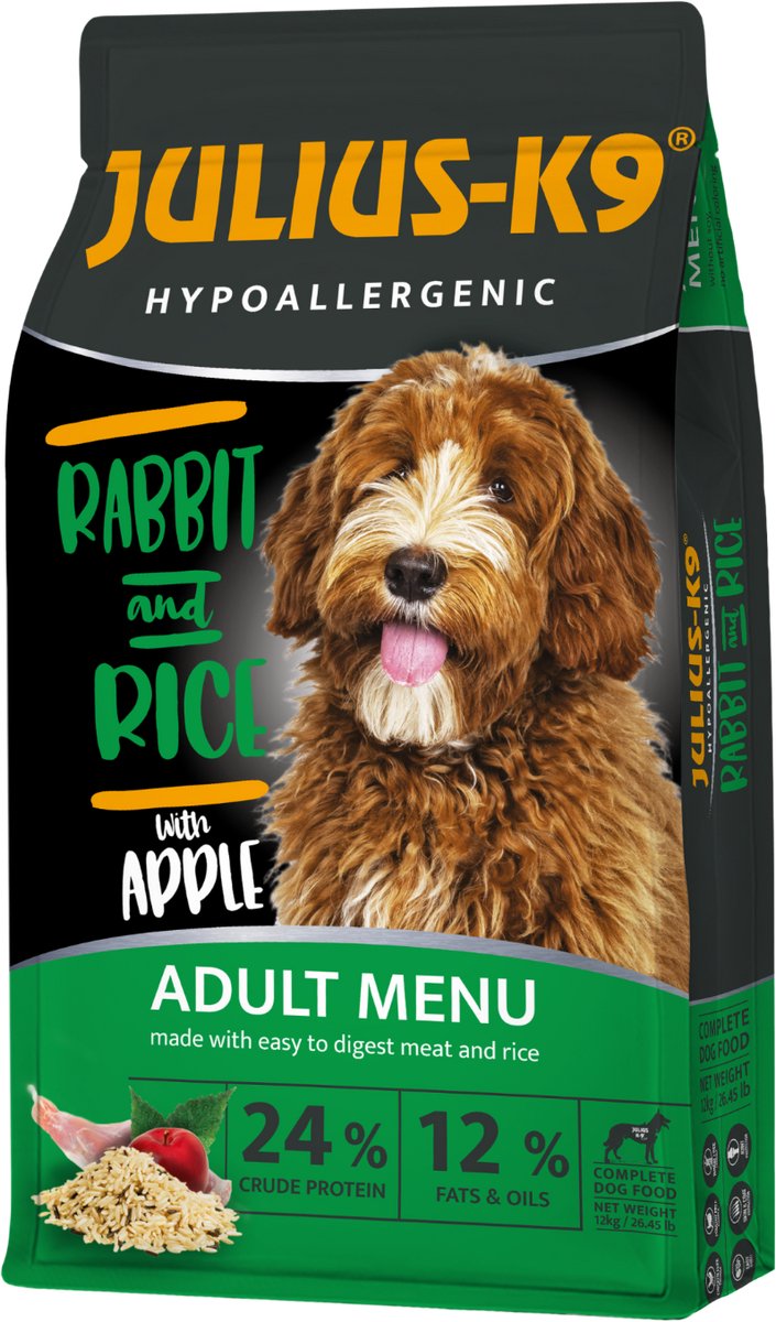 Julius K9 Julius-K9 Rabbit & Rice – Hypoallergene hondenbrokken met konijn & rijst – Licht verteerbare hondenvoeding voor middelgrote honden – Hondenvoer - 12kg