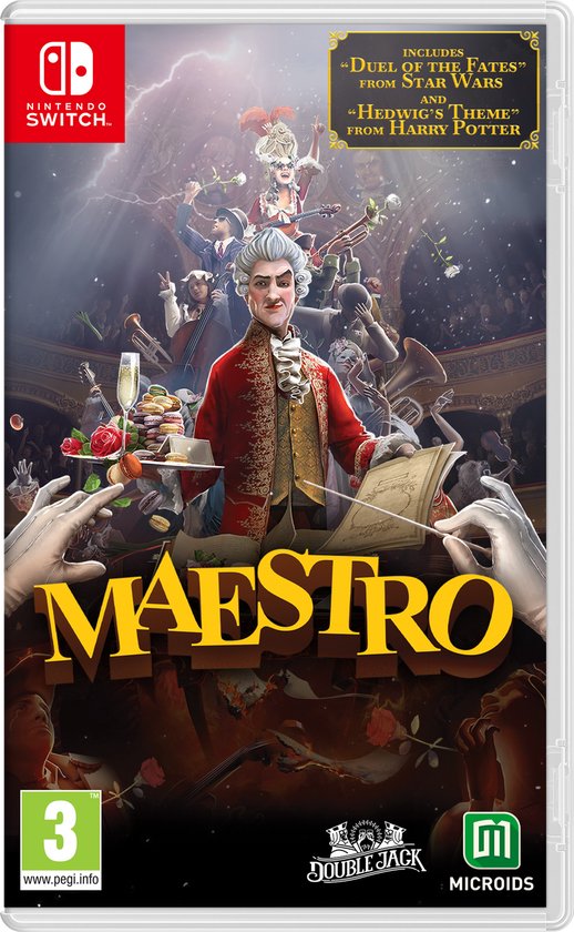 Cover van de Nintendo Switch game 'Maestro' met een dirigent, orkest en 'Duel of the Fates' & 'Hedwig's Theme'.