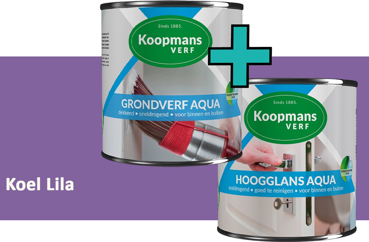 Koopmans Grondverf Aqua en Hoogglans Aqua Verfset - Binnen en Buiten - Koel Lila - 2x 750 ml
