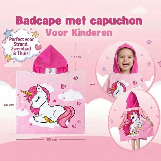 Poncho Handdoek - Badponcho - Eenhoorn - Unicorn - Zomer Badcape - Omslagdoek - Handdoek Met Capuchon - Strandhanddoek - Polyester - Jongen - Kinderen - Kinder - Peuter - Kleuter - Vanaf 3 jaar — afbeelding 3