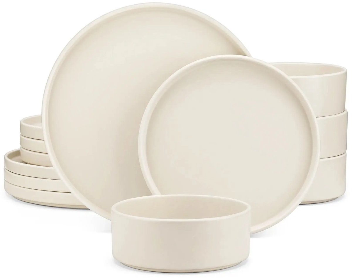Home & Beyond® Serviesset 24 Delig - 8 Personen - Stoneware Servies - Crème Wit - Borden en Kommen Set - Vaatwasser- & Magnetronbestendig