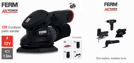 Overzicht van de 12V accu schuurmachine van FERM. Inclusief accessoires en de tekst "12V Cordless palm sander".