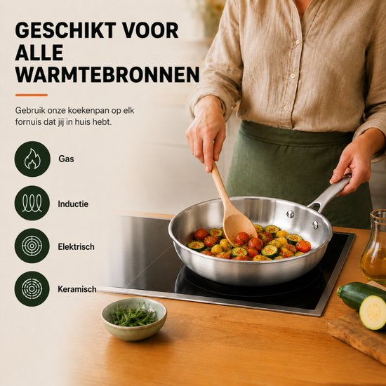 Een vrouw kookt groenten en zalm in een Organess RVS koekenpan op een inductiekookplaat.
