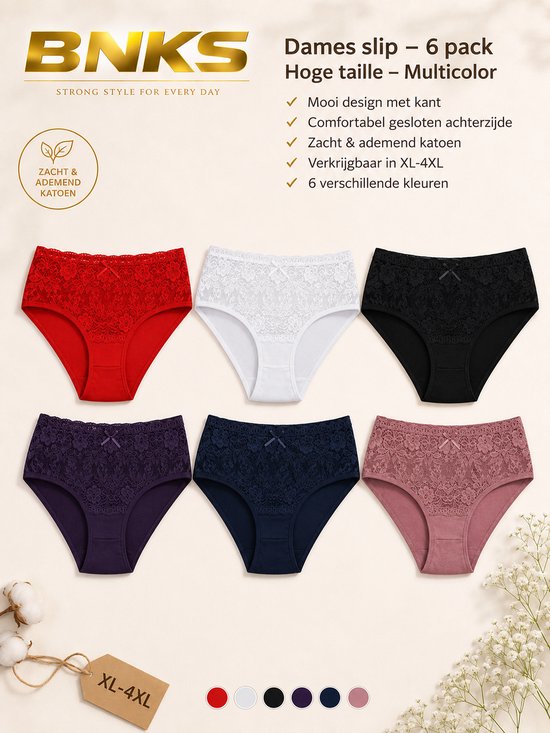 Dames slip – 6 pack - Hoge taille - Multicolor. Zes slips in rood, wit, zwart, paars, navy en roze. Allemaal met kanten afwerking en een strikje.