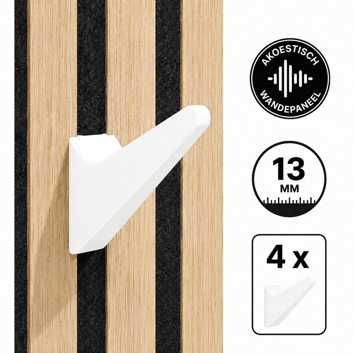4 Stuks Kapstok Haken voor Akoestisch Wandpaneel - Wandpanelen Ophangen - Zelfklemmende Ophanghaken - Voor Lattenwand Akoestische Panelen - 13 Mm Breedte - 10 Mm Groefdiepte - Duurzame Bevestiging - Set Van 4 Stuks - 100% Gerecycled Kunststof - Wit