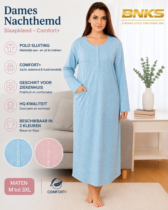 Dames nachthemd - slaapkleed - Blauw/Roze - Polo sluiting - Beschikbaar M tot 3XL - Geschikt voor ziekenhuis - HQ - Comfort+