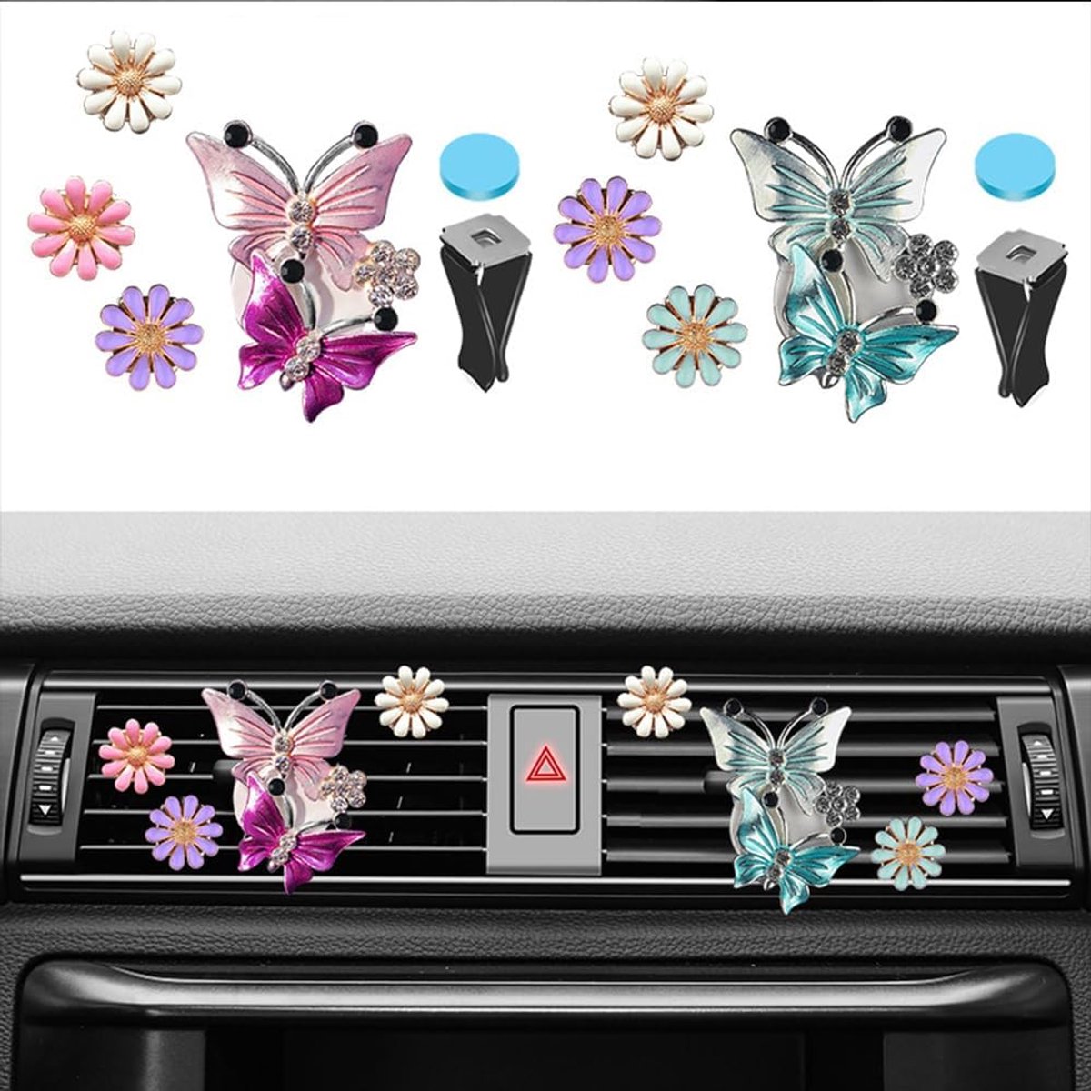 Auto Vent Clips - Luchtverfrisser Auto - Interieur Decoratie - Strass Diamant - 8 stuks - Blauw en Roze
