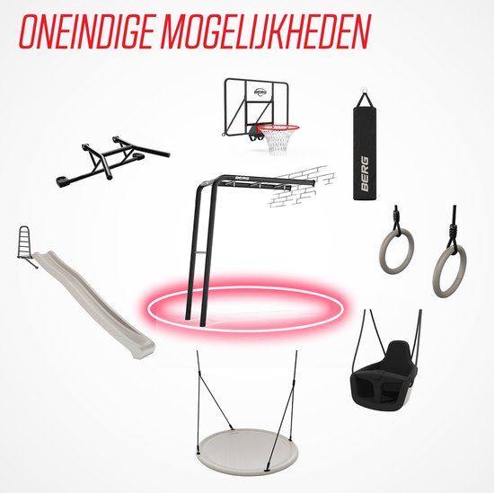 Overzicht van BERG accessoires: basketbalring, bokszak, ringen, schommel, glijbaan, klimrek en Playbase Wall.