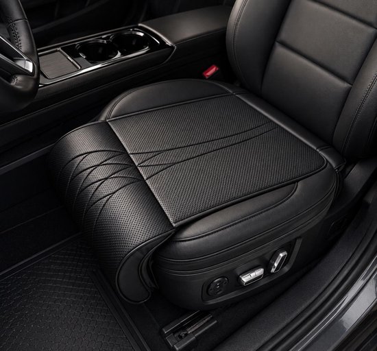 Autostoelkussen voor Bestuurdersstoel – Ergonomisch Zitkussen met Beensteun – Comfortabel PU Lederen Auto Zitkussen – Ademend – Zwart