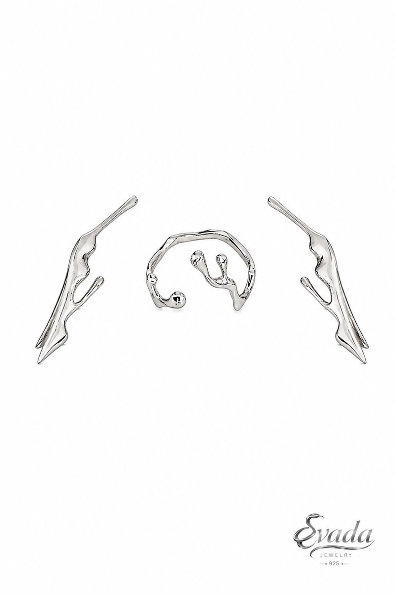 Evada sieradenset, 925 sterling zilver set, ring en oorbellen set, handgemaakte sieradenset, dames sieraden set, minimalistische sieraden, moderne sieraden, verstelbare ring, zilveren oorstekers, cadeau voor haar, sterling zilver dames.