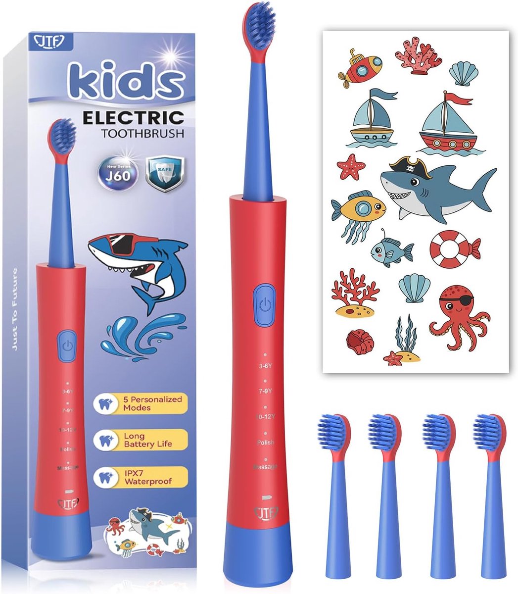 JTF Elektrische tandenborstel voor kinderen vanaf 3 jaar – Sonische tandenborstel met 5 poetsstanden, 4 opzetborstels, slimme timer, IPX7-waterbestendigheid en doe-het-zelf-stickers (voor meisjes)