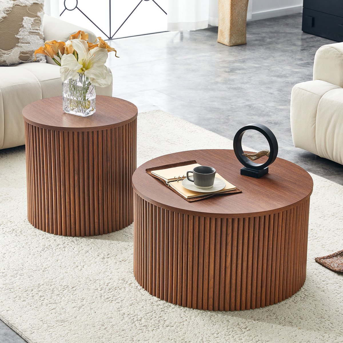 MIVRAY Salontafelset - Nestbare Ronde Tafels Met Verborgen Opbergruimte - Voor Woonkamer En Slaapkamer - MDF - Walnoot Walnootkleur