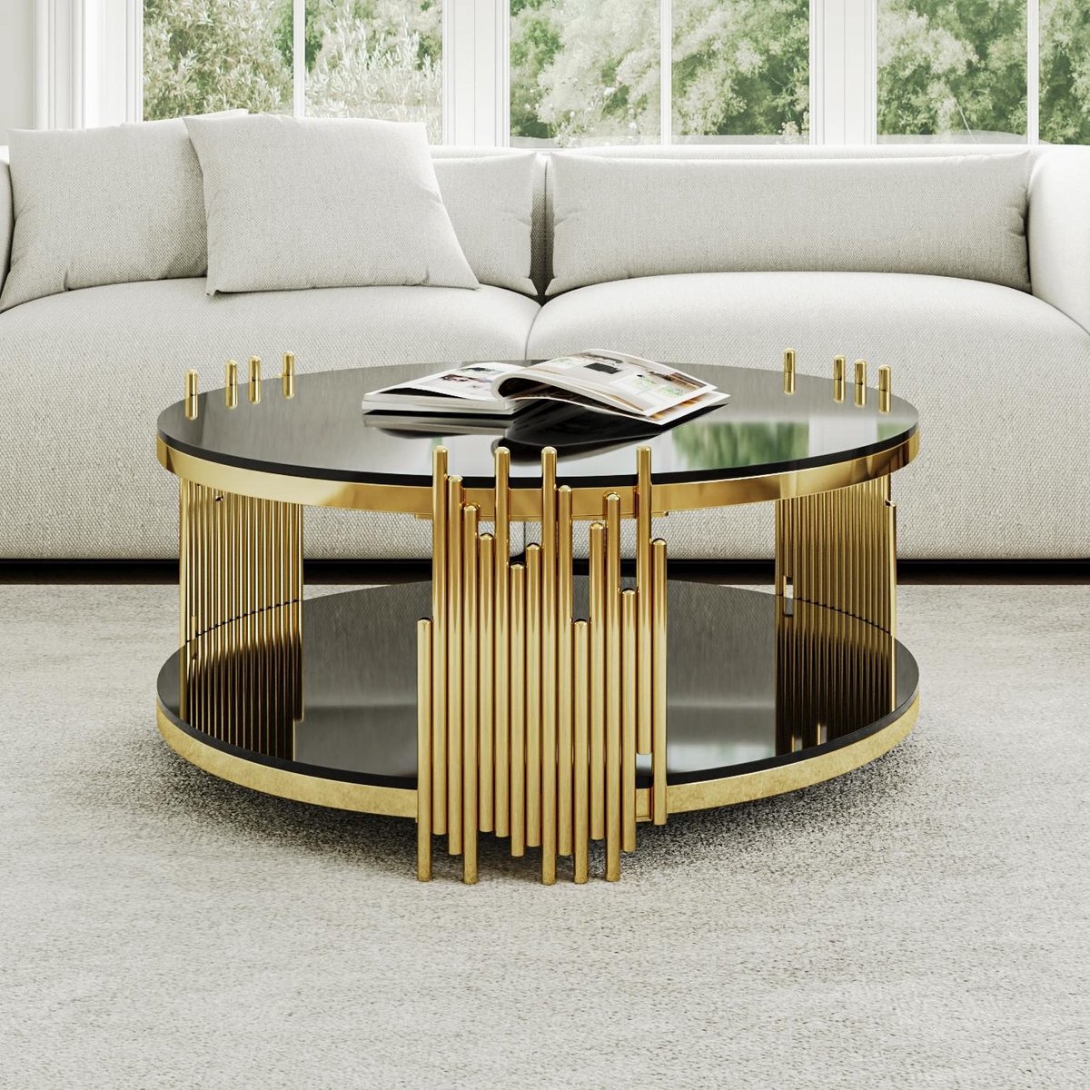 MIVRAY Salontafel - Ronde Tafel Met Dubbel Blad En Opbergruimte - Voor Woonkamer En Zithoek - Glas En Staal - Zwart Goud Zwart en Goud