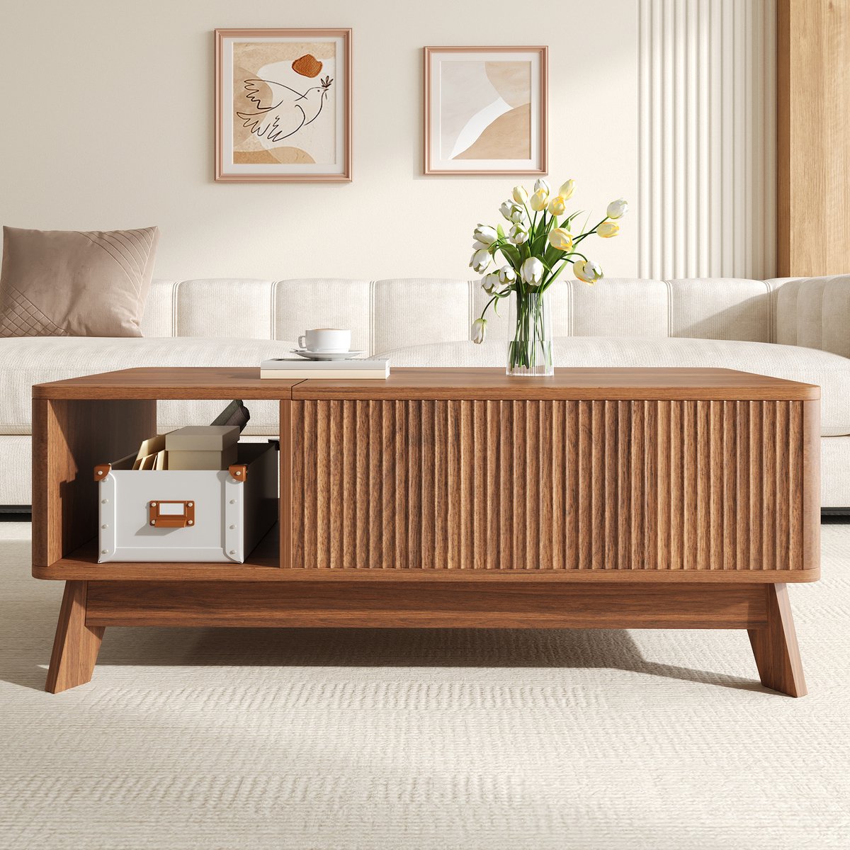 OKWISH Salontafel - Verstelbaar Tafelblad En Verborgen Opbergruimte - Woonkamer - MDF Walnootkleur - 95 x 48 x 50 cm