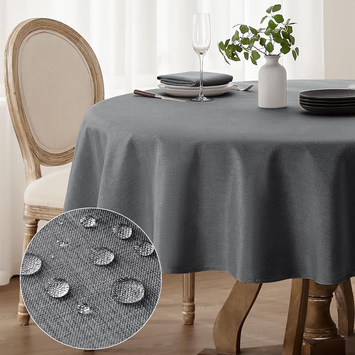PromoHome Tafelkleed Rond 140 cm - Afwasbaar Waterafstotend Outdoor Linnenlook - Grijs