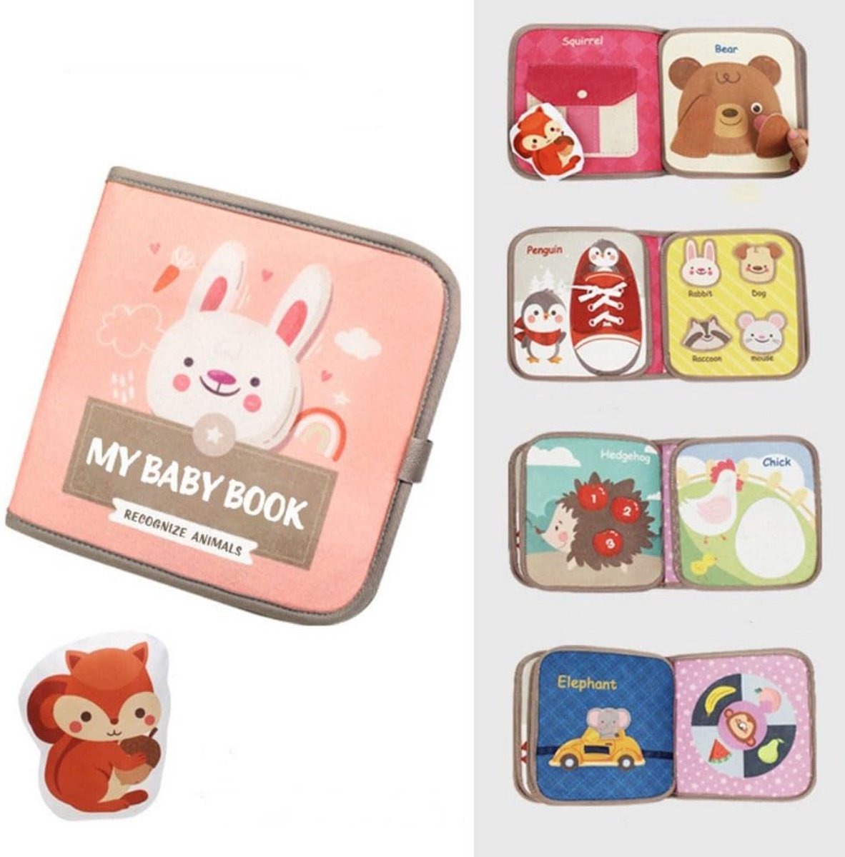 COOAU - Montessori Stoffen Prentenboek voor Baby's - Sensorisch Activiteitenboek - Thema Dieren Leren Kennen - Vanaf 12 Maanden - Stimuleert Taal & Nieuwsgierigheid - Zacht Stoffen Speelgoed - Roze