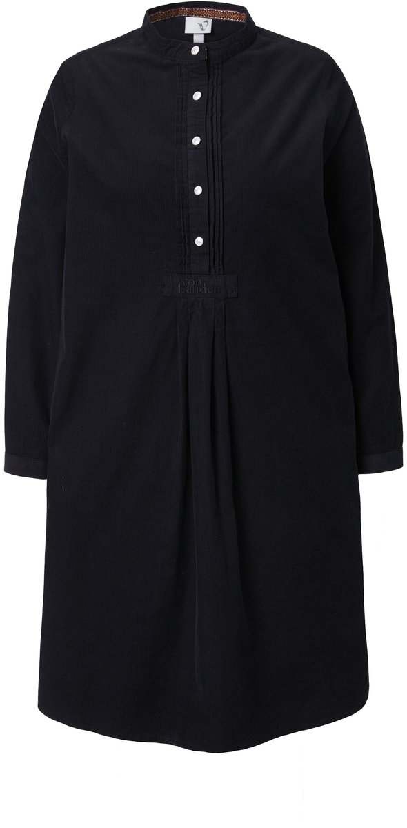 Ulla Popken - Dames - Corduroy jurk opstaande kraag plooien decoratieve plooien - Zwart - Maat 42