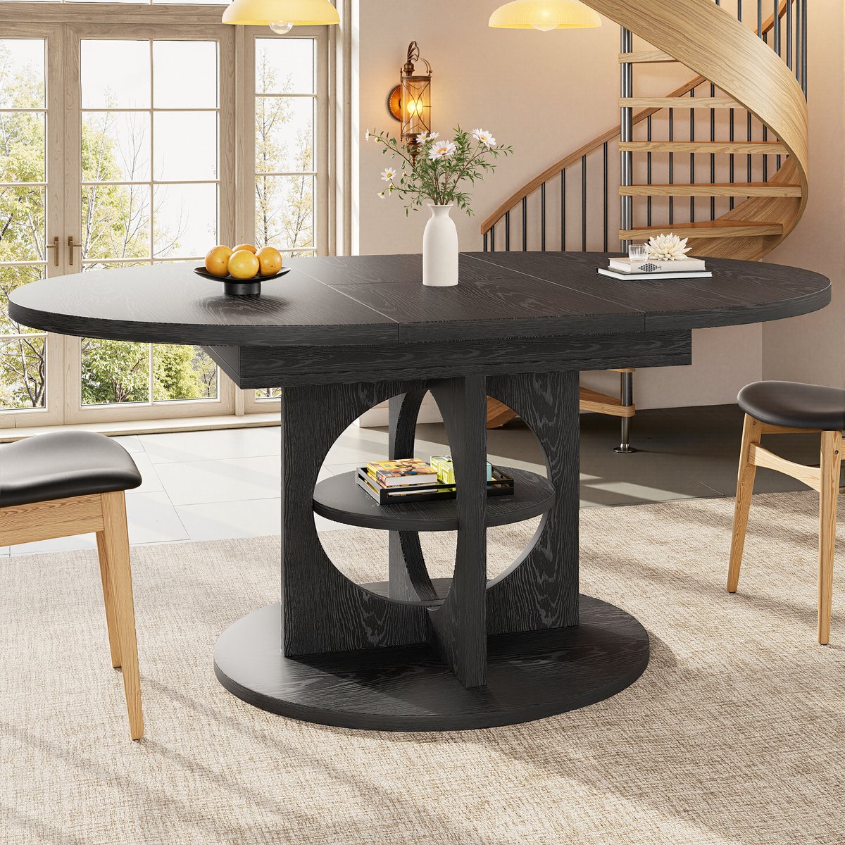 FloraGrace Eettafel - Uitschuifbaar Met Opbergrek - Rond En Ovaal Voor Eetkamer En Keuken - MDF En Metaal - 110x110x76 cm - Zwart Walnoot