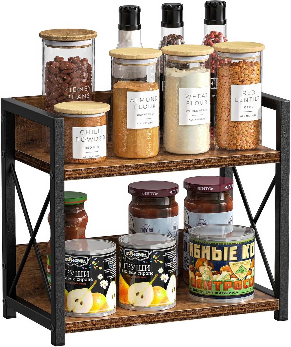 Lemlit Keukenrek 2 Laags 30 x 16 x 26,2 cm - Kruidenrek met Houtlook Planken en Metalen Frame - Aanrechtrek voor Keuken en Kantoor - Bruin Zwart