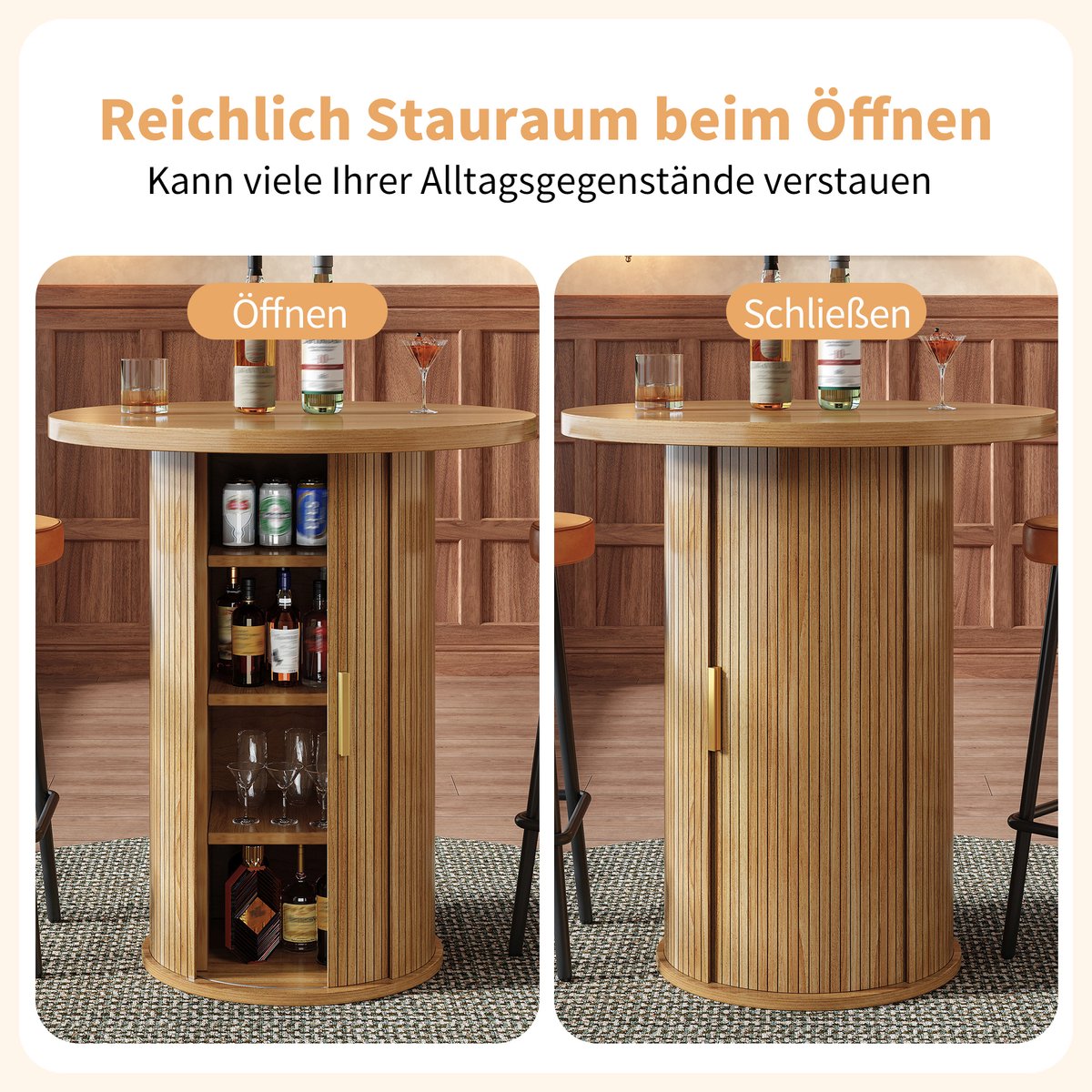 STILVORA Bartafel - Rond Met Opbergkast En Schuifdeur - Voor Woonkamer En Barruimte - MDF En Metaal - 60x60x91,6 Cm Walnoot