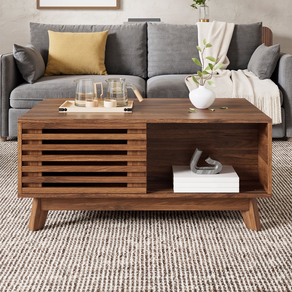 FloraGrace Salontafel - Verstelbaar Tafelblad Met Schuifdeur En Opbergruimte - Voor Woonkamer En Kleine Ruimtes - MDF - 90x55x57,5 cm - Walnoot Wit