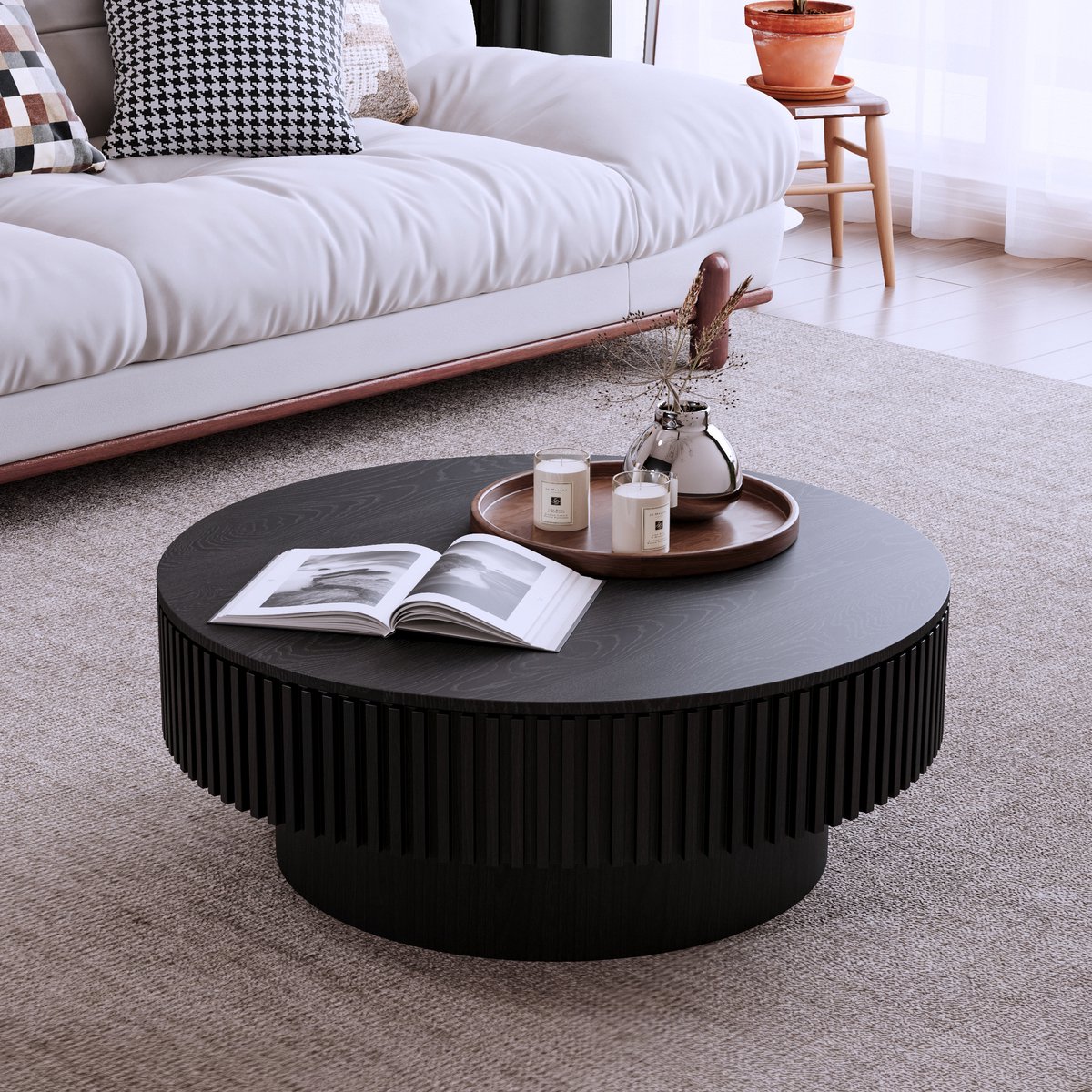 FloraGrace Salontafel - Rond Met Verborgen Opbergruimte - Voor Woonkamer Slaapkamer Of Kantoor - Hout En MDF - 75 Cm - Zwart Wit, Houtkleur