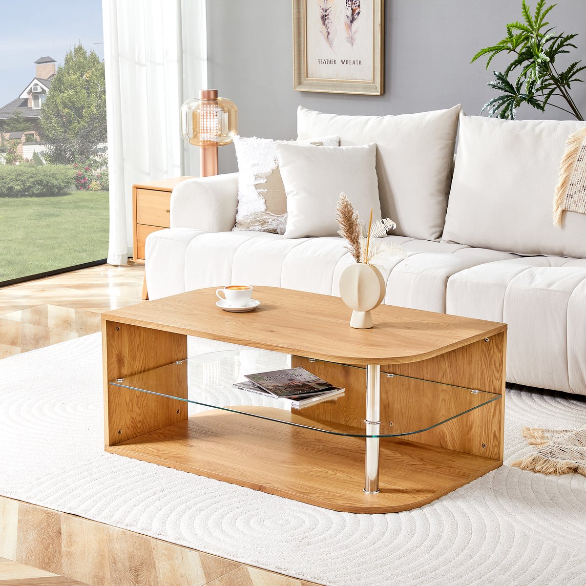 STILVORA Salontafel - Scandinavisch Met Dubbele Opbergruimte - Voor Woonkamer En Kleine Ruimtes - Hout En Glas - 100x60x42 Cm Goud Wit