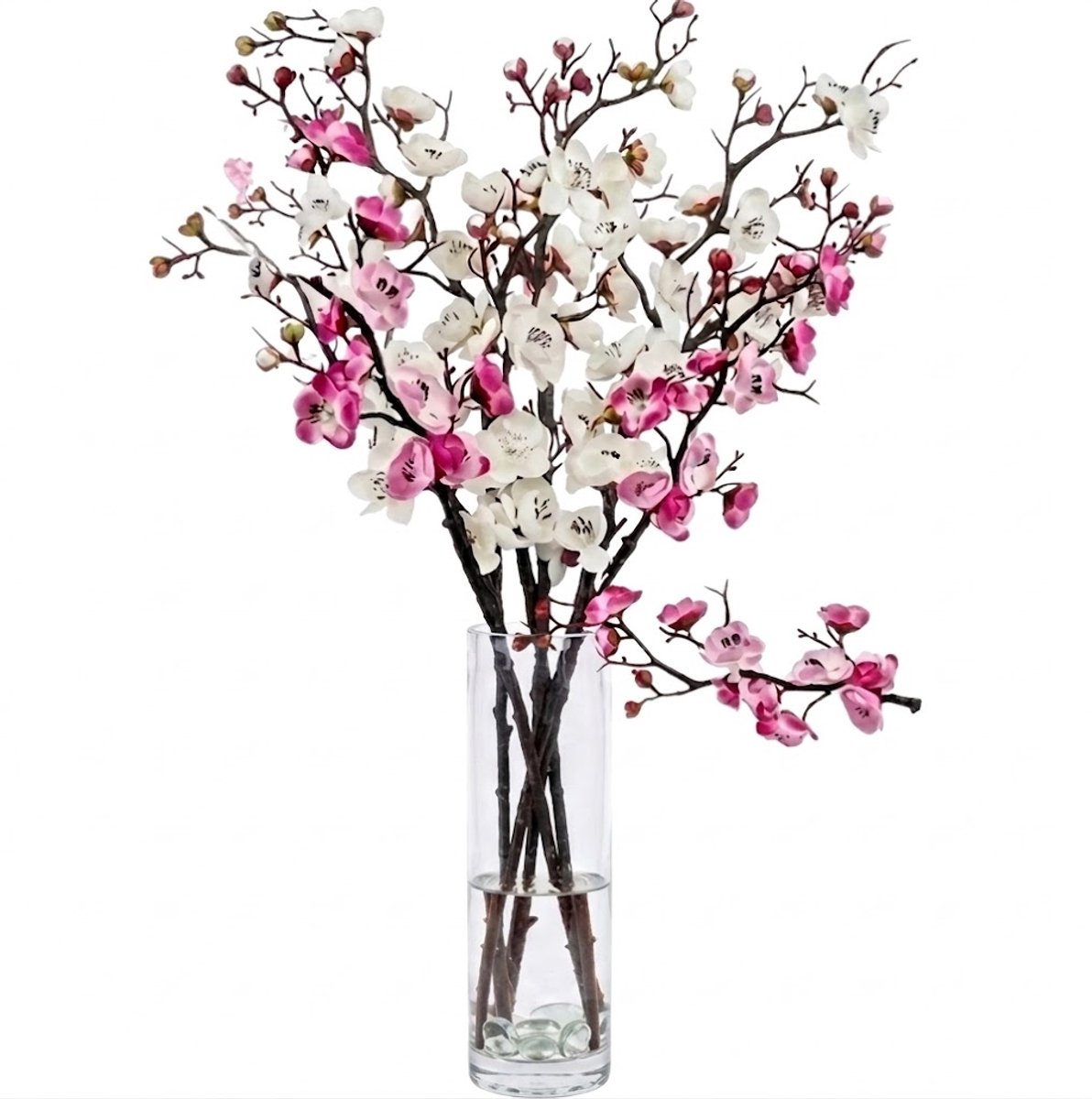 NUVEX Wit roze kunstbloemen pruimenbloesem takken kunstbloemen decoratie lange takken met bloemen en knoppen voor vaas interieur en tafel decoratie set van 4 Wit, Roze, Bruin