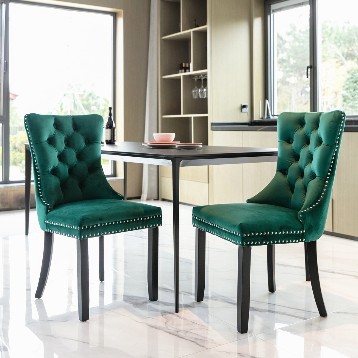 Eetkamerstoelen - Set Van 2 - Gestoffeerde eetkamerstoel - Eettafelstoel - Eetkamerstoelen - Stoel - Flueel - Houten stoelpoten - Modern Design - Groen