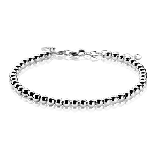 Zilverkleurige armband met kleine, glanzende bolletjes en een karabijnsluiting.
