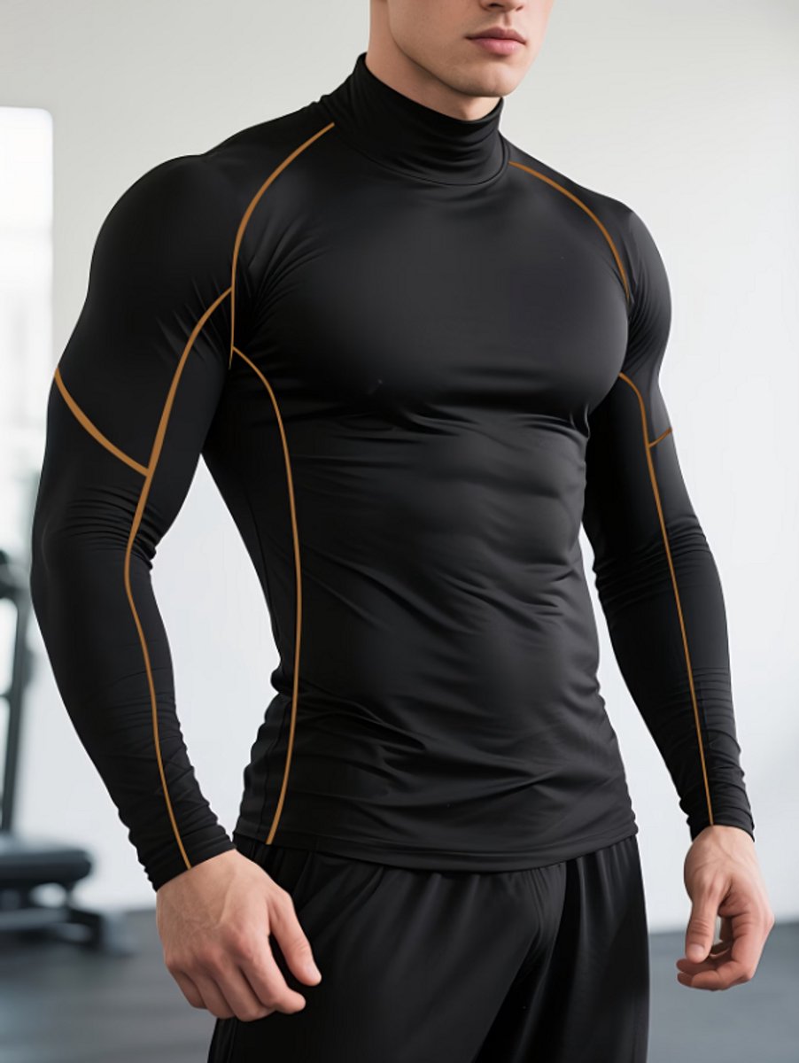 Oranje vechtsportshirt heren maat XL high neck lange mouw sport shirt nauwsluitend stretch fitness shirt vochtafvoerend training shirt compressie workout top sneldrogend gym kleding atletische pasvorm alle seizoenen