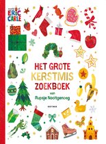 Het Grote Kerstmis Zoekboek van Rupsje Nooitgenoeg met Rupsje Nooitgenoeg, een kerstboom, kerstkousen, cadeautjes, een vogel, een vlinder en meer.