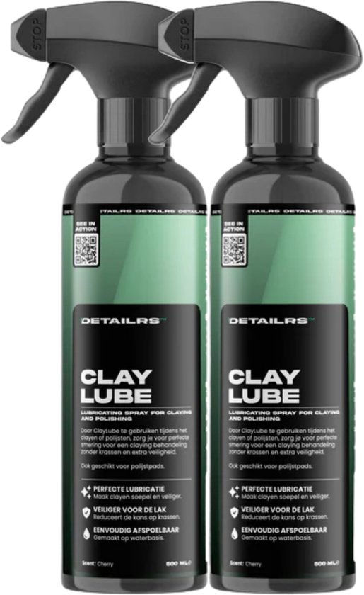 Twee flessen Detailrs claylube met spuitmond, groene label.