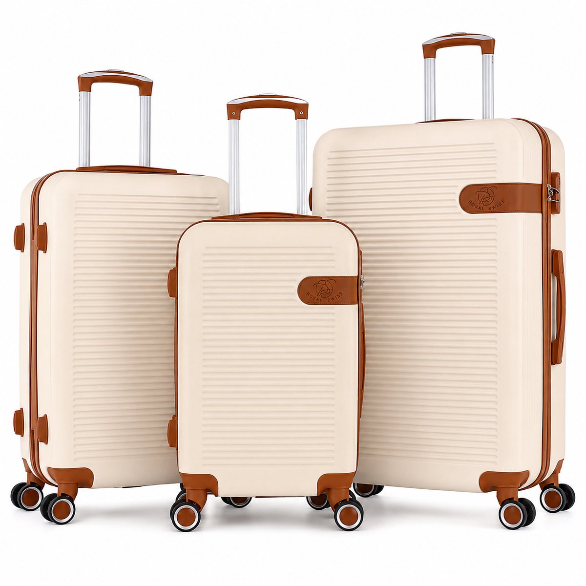 Royal Swiss® Reiskoffer Set 3-delig - Kofferset ABS Hardcase - Handbagage Koffer + Grote en Middelgrote Koffer - Lichtgewicht Reisbagage - 360° Spinner Wielen - Combinatieslot - Beige
