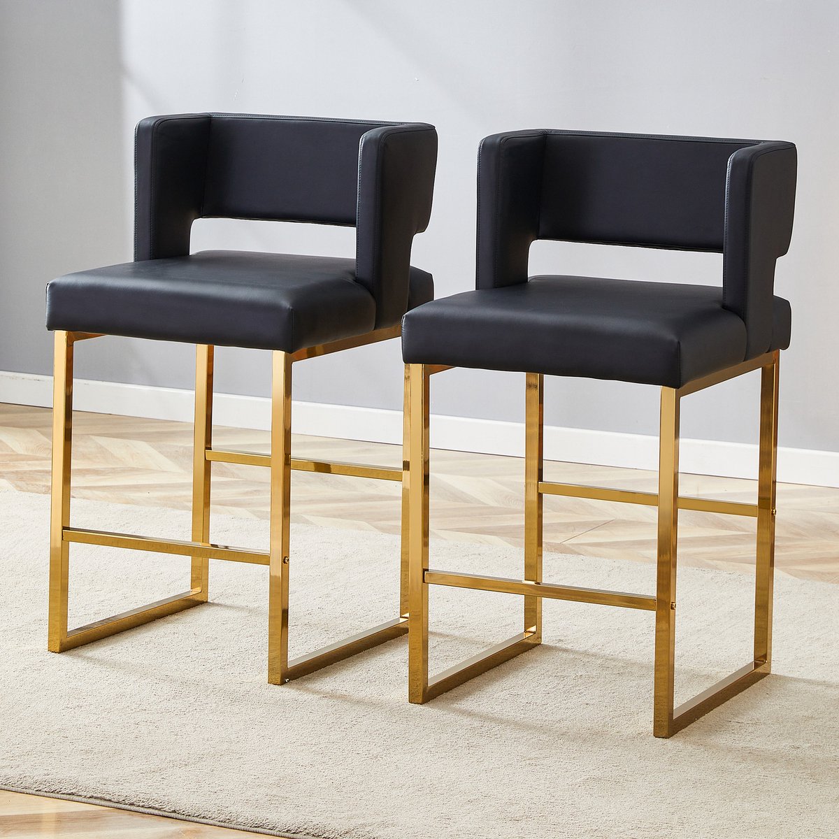Eetkamerstoelen - Set Van 2 - Gestoffeerde eetkamerstoel - Eettafelstoel - Eetkamerstoelen - Stoel - PU - Metalen stoelpoten - Vierkant ontwerp - Modern Design - Zwart, goud