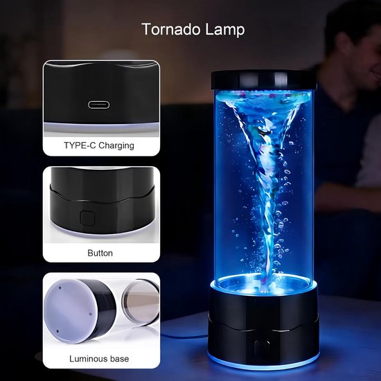ZVD Tornadolamp - Met tornado-effect - Creatieve, decoratieve sfeerverlichting - Geruisloos LED-nachtlampje voor op het bureau met kleurwisseling (7 kleuren) - Eenvoudig in gebruik - Geschikt voor interieur, Kerstmis, slaapkamers en kantoren - Zwart — afbeelding 3