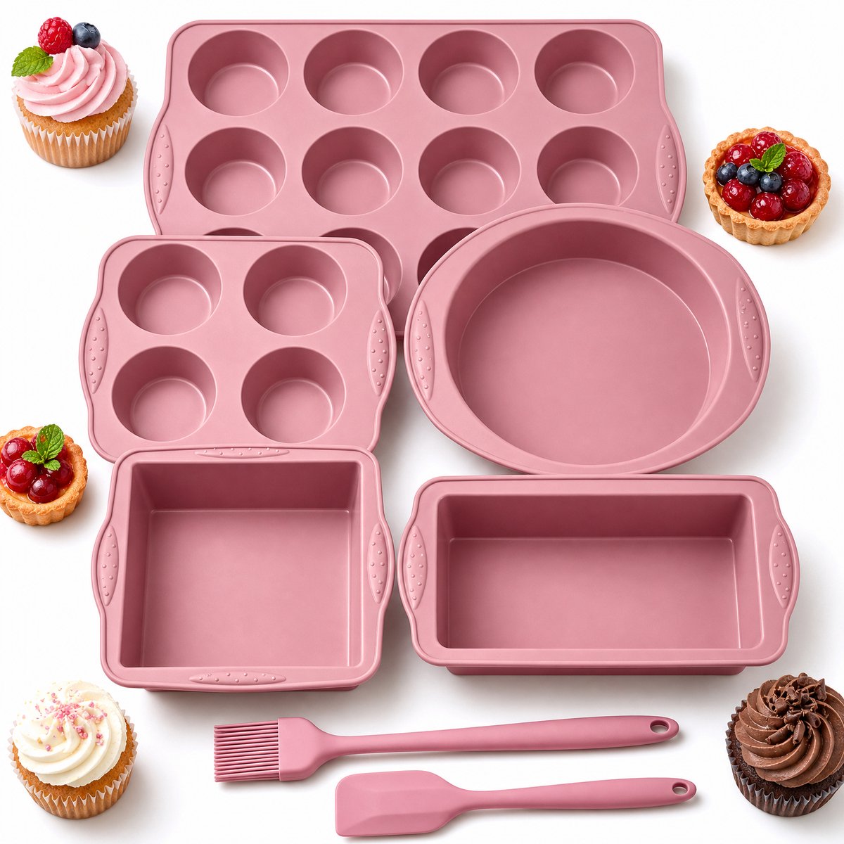 Siliconen bakvormenset – Bakgereedschap voor cakes, muffins en brood – Inclusief siliconen kwast en spatel (7-delige set) – Antiaanbaklaag, flexibel en hittebestendig – Hoogwaardige siliconen (BPA-vrij) – Nordic flour