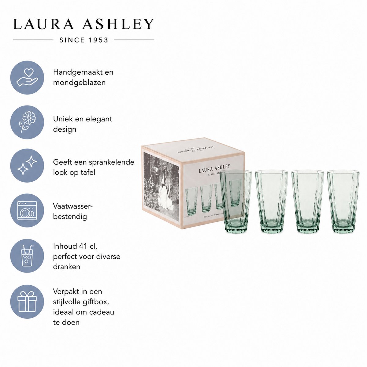 Laura Ashley Longdrinkglazen set van 4 - Waterglazen - Mondgeblazen - Giftset - Groen 41 cl.