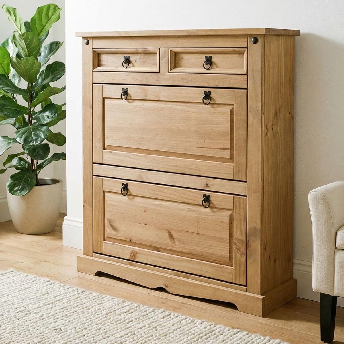 Schoenenkast met 2 Kleppen en 2 Laden - House&Garden Hacienda - Massief Grenenhouten Schoenenrek voor Hal en Entree - Landelijke Schoenenkast voor 16 Paar Schoenen - Opbergkast met Lade - 100 x 26 x 110 cm - Bruin Gebeitst & Gewaxt