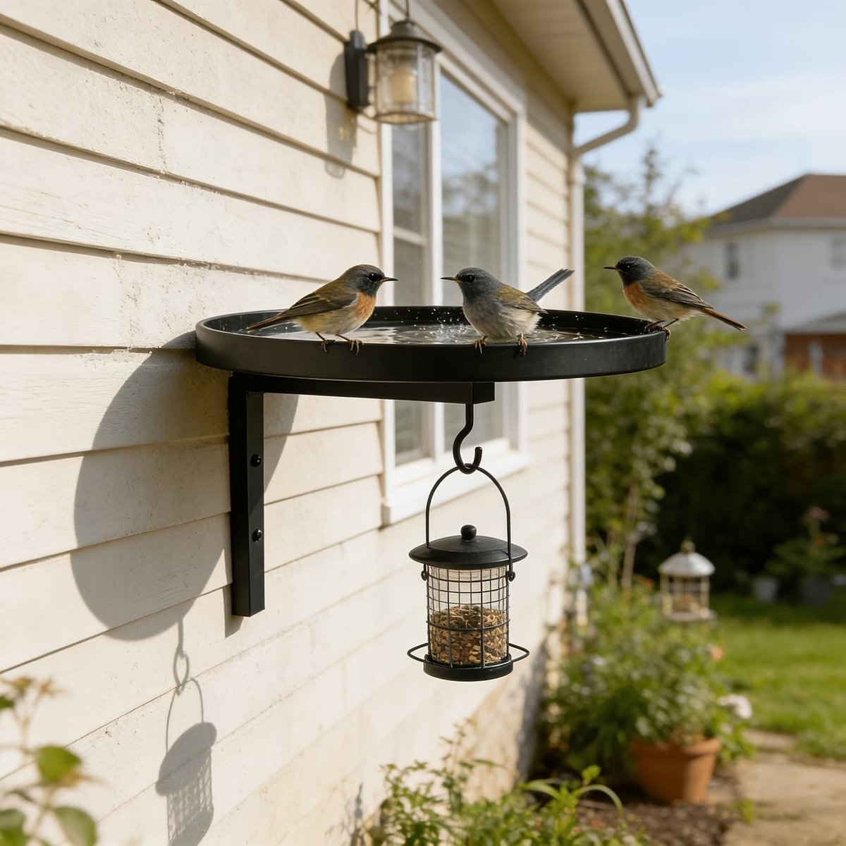 Vogelvoerder voor hek, stevige gietijzeren schaal met haak, ophangvoerder voor balkon, terras en tuin, geschikt voor papegaaien en mussen