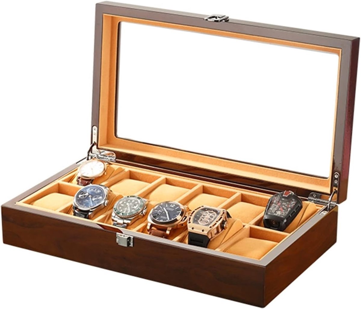 Horloge Opbergdoos - Sieraden Organizer - Veilige Opslag - Glazen Raam - 12 Vakken - Bruin